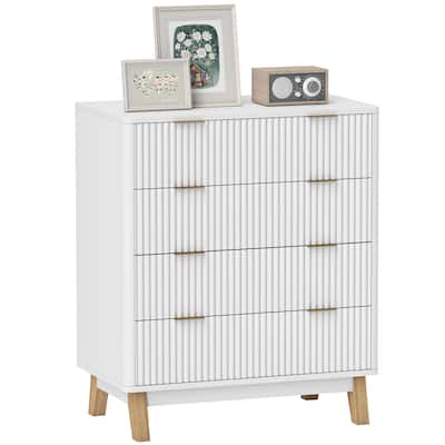 HOMCOM Fluted Dresser for Bedroom with 4 Drawers, 28" Wide Chest of Drawers with Gold Finger Pulls and 4 Wood Legs, Natural Wood