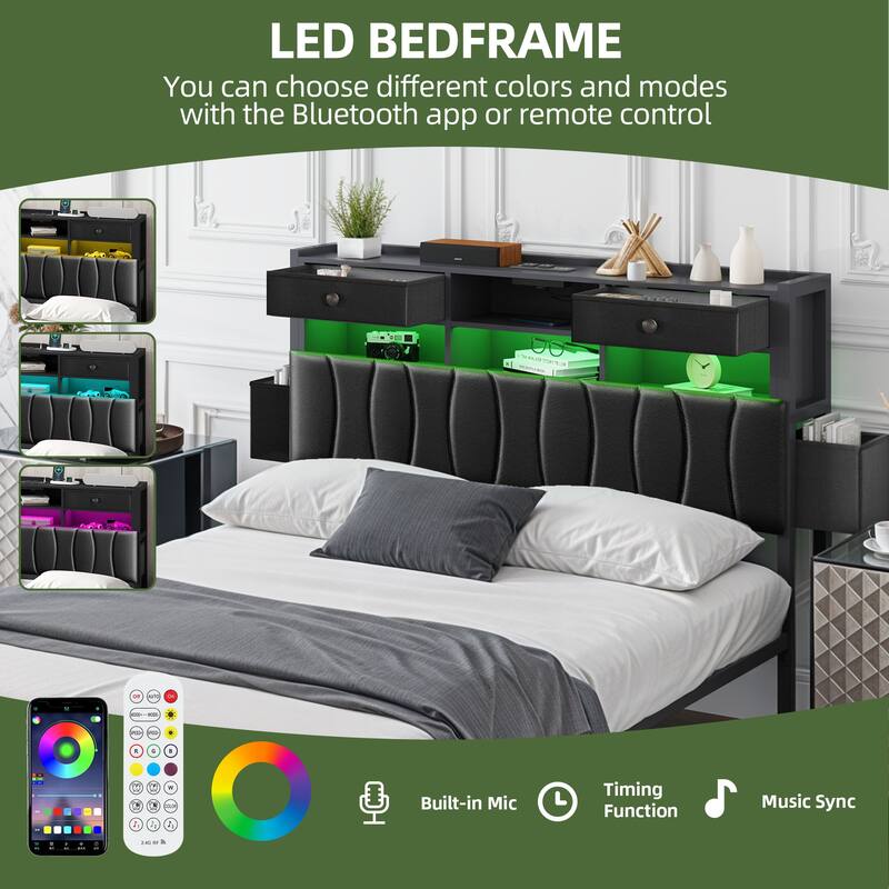 6 Drawers PU Leather Upholstered Platform Bed, Bed Frame with Hidden Storage Headboard and Power Outlets