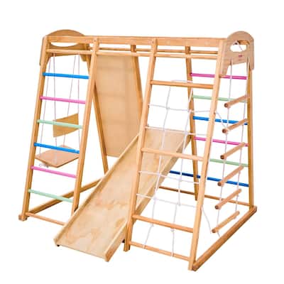Colorful 7 in 1 Indoor Playground Jungle Gym for Kids with Extended Slide Swing Climbing Net Monkey Bars and 250 lbs Capacity