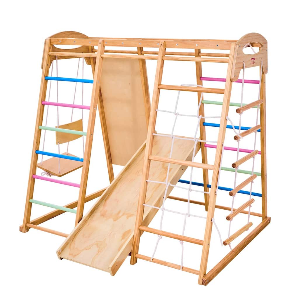Colorful 7 in 1 Indoor Playground Jungle Gym for Kids with Extended Slide Swing Climbing Net Monkey Bars and 250 lbs Capacity
