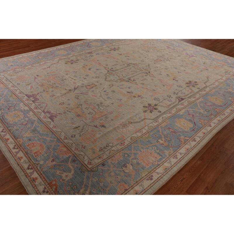 Hand Knotted Oriental 100% Wool Carpet Transitional All-Over Beige & Ivories Oushak Area Rug - 11' 9'' X 9' 1''