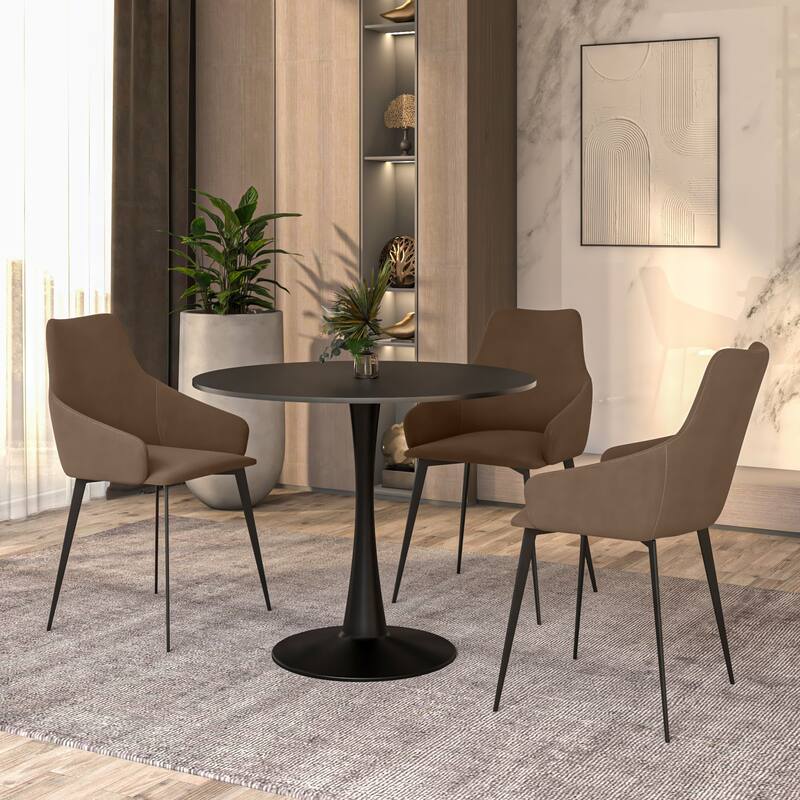 4-Piece Dining Set 35-Inch Round MDF Tabletop Dining Table and 3 Upholstered Side Chairs in Iron