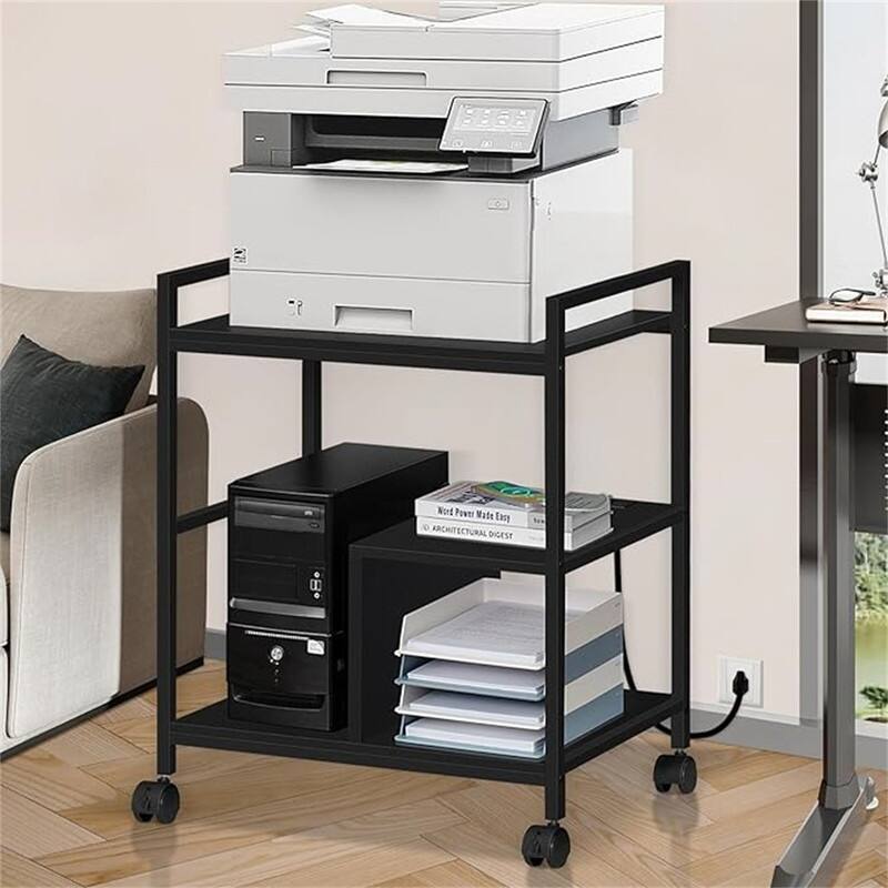 Printer Stand with Charging Station and USB Ports Large 3-Tier - 24"D x 18.62"W x 30.86"H - Black