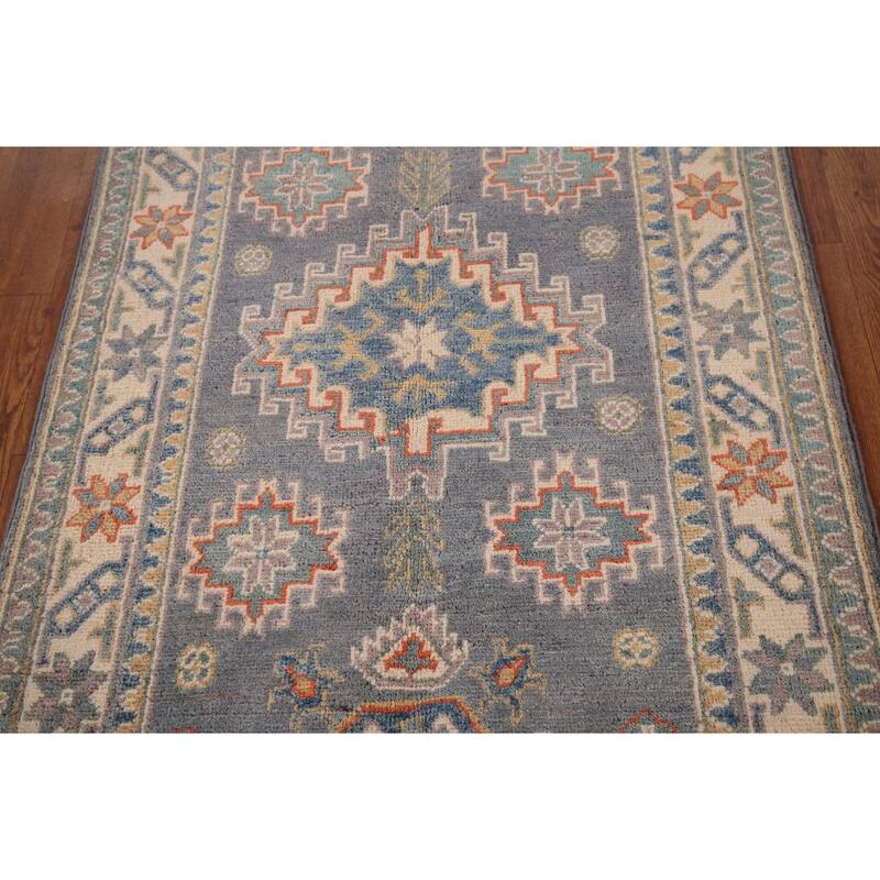Gray Geometric Kazak Accent Rug Hand-Knotted Foyer Wool Carpet - 2'8" x 4'1"