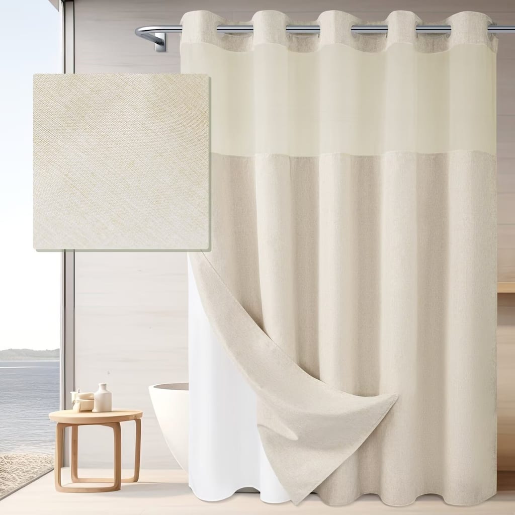 No Hook Linen Texture Shower Curtain with Snap-in Liner