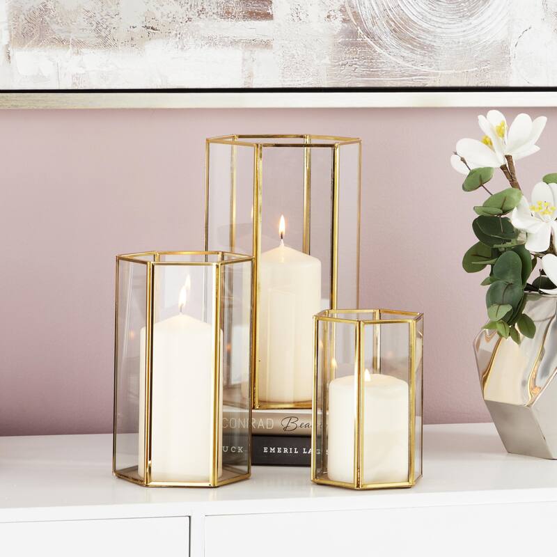 Glass Decorative Indoor Outdoor Candle Lantern with Metal Plate - Set of 3 Gold - CosmoLiving by Cosmopolitan