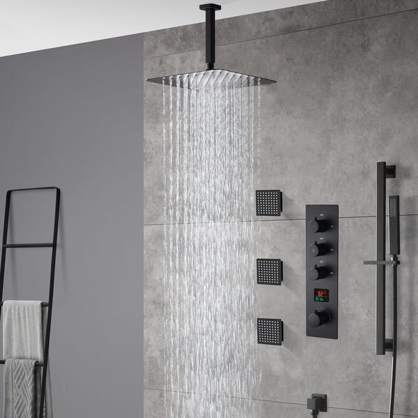 Matte black wall mount 6inch regular high water pressure shower head  ceiling mount 16inch or 12 inch rainfall shower head 3 way thermostatic  shower