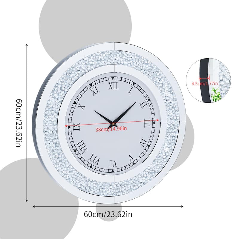 Round Mirror Clock Tinted Crushed Diamond Mirrored Wall Clock - 24"x1.8"x24"