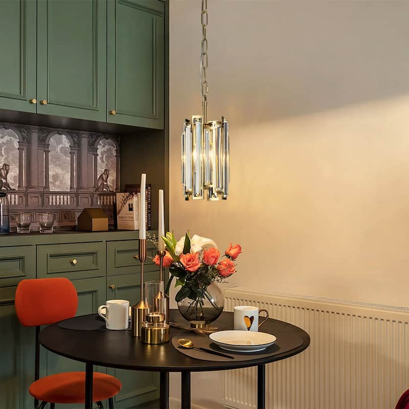 1-Light Modern Glam Black/Gold Cylinder Crystal Pendant Kitchen Island Light