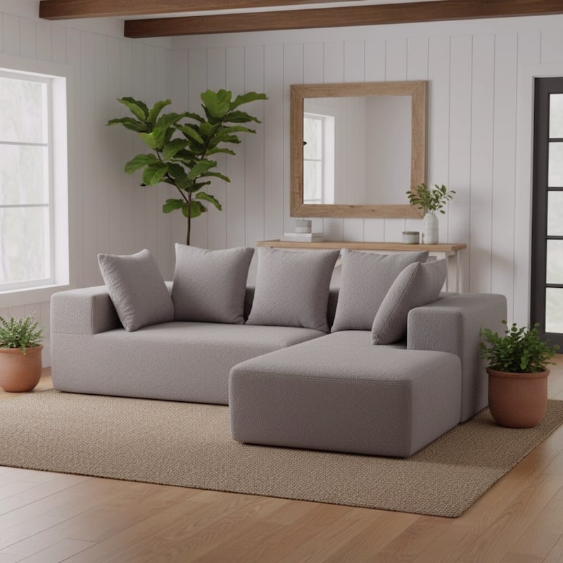 L-Shaped Modular Sectional Sofa, Full Foam Compressed Deep Seat Sofa, Upholstered Corner Sofa with 5 Throw Pillows