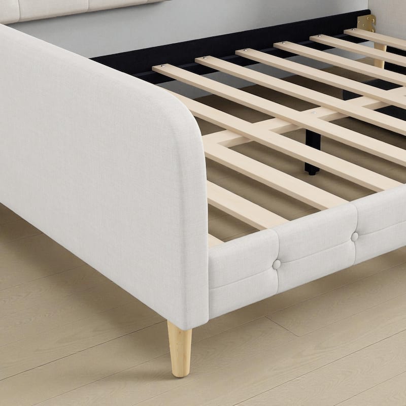 Queen Size Upholstered Daybed with Linen Fabric, Solid Wood Frame & 4 Support Legs, Sofa Bed for Guest Room