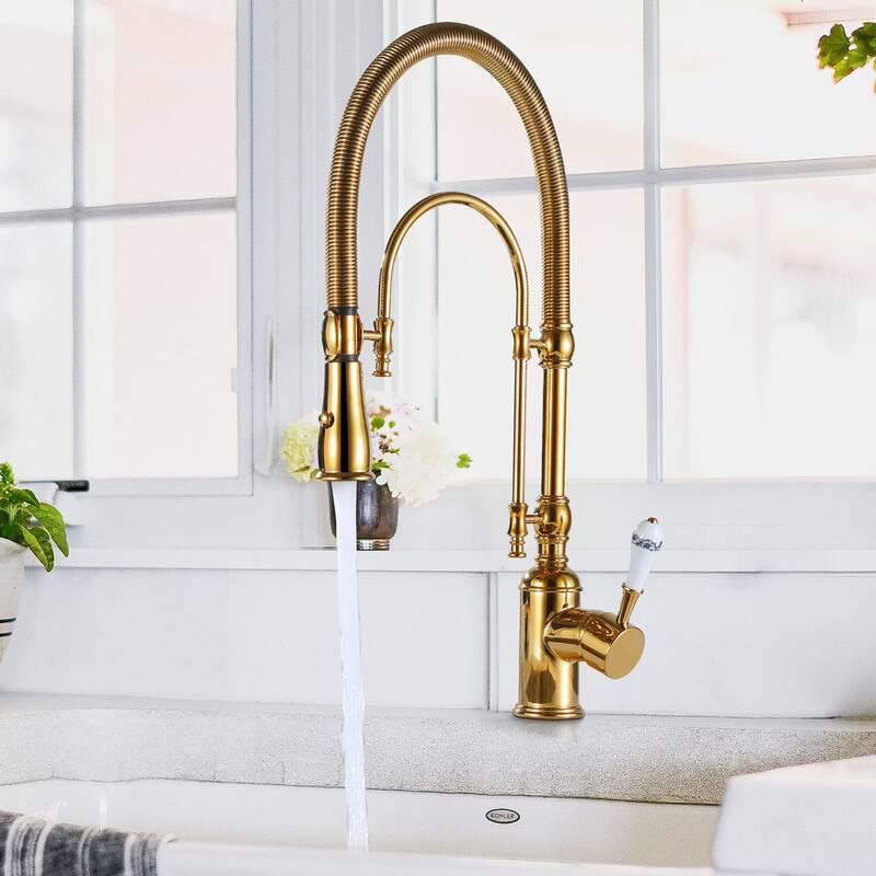One-Handle High Arc Kitchen Sink Faucet, Gold Single Faucet with Pull Down Sprayer for Kitchen Sink - Polished Gold