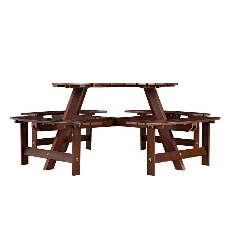 8-Person Outdoor Round Picnic Table Set with 4 Built-in Benches & Umbrella Hole