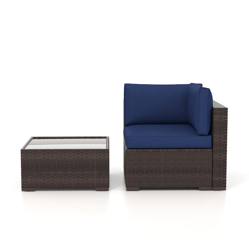 Outdoor Rattan Corner Sofa with Tempered Glass Coffee Table - Brown