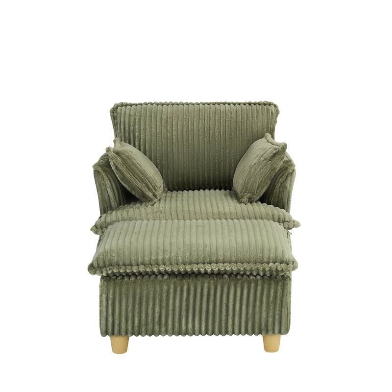 Single Sofa with Ottoman, Comfy Corduroy Upholstered Armchair, Lounge Chair with Throw Pillows for Living Room, Balcony
