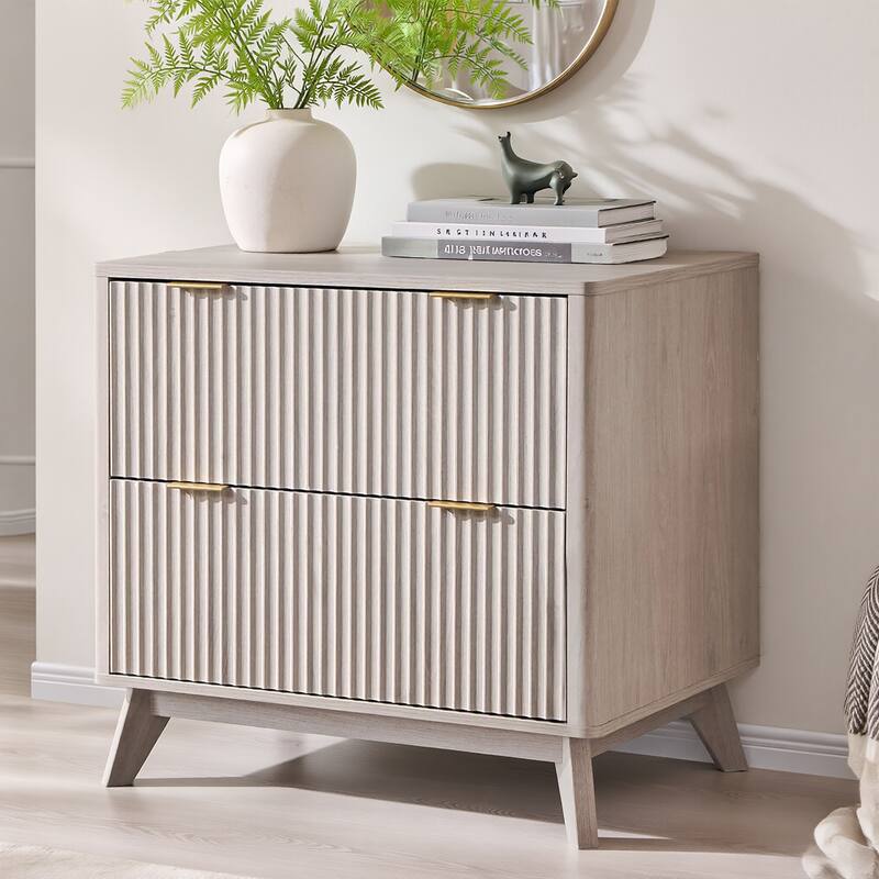 Modern Fluted 2 Drawer Lateral File Cabinet, Office Storage Cabinet - Alder White