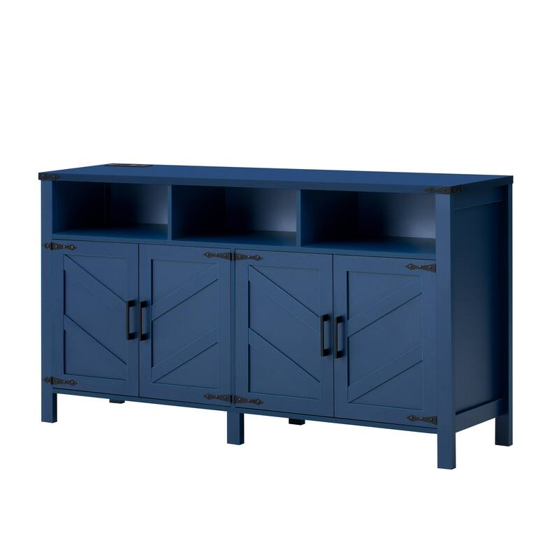 Sideboard Buffet with Power Outlets and USB Ports, 4 Door Sideboard with Adjustable Shelves and 3 Open Storage Cubbies