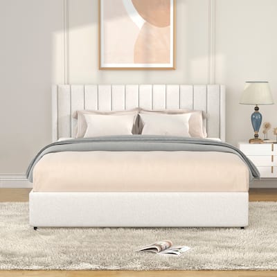 Queen Size Boucle Upholstered Platform Bed with Drawer