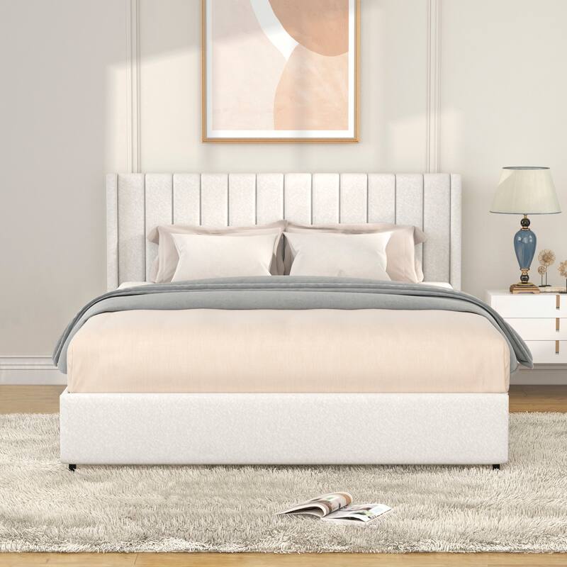 Queen Size Ivory Boucle Upholstered Platform Bed with 2 Built-in Drawers and Tufted Headboard