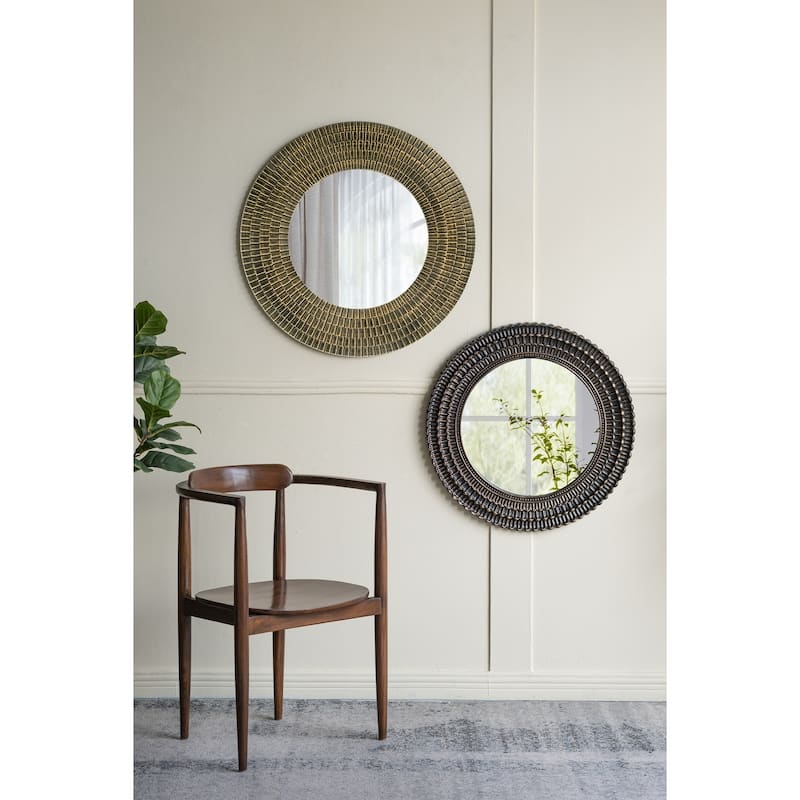 D29.5" Round Gold And Black Wooden Accent Mirror With Woven Texture - Gold+Black