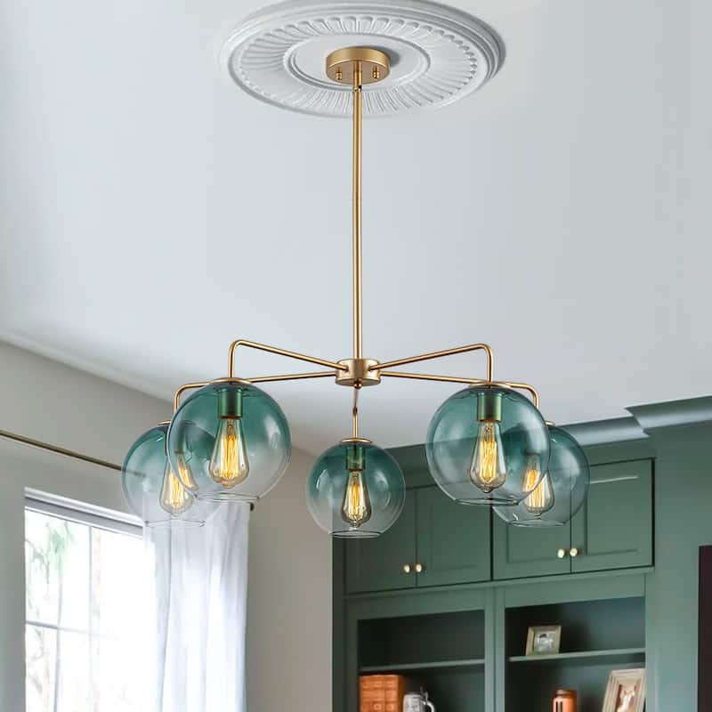 Mid-century 5-Light Glass Globe Bubble Round Chandelier - 35in Wide - Brass Finish + Green Glass