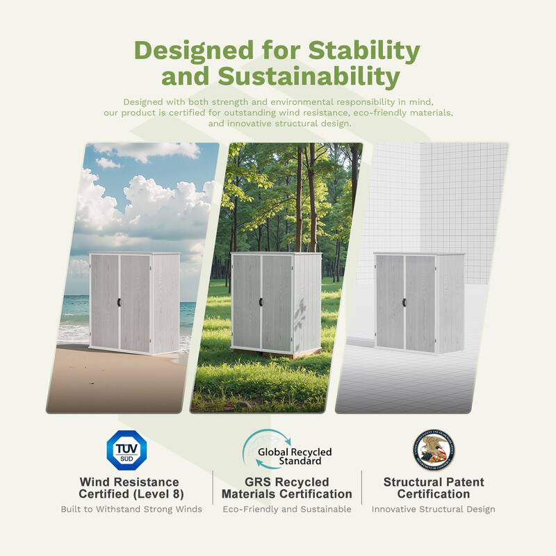 Patiowell 57.1"L x 30.3"W Plastic Vertical Storage Shed with Shelving Brackets for Patio Furniture, Pool Accessories