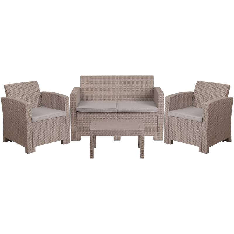 4 Piece Outdoor Faux Rattan Chair, Loveseat and Table Set - 27"D x 26.75" - 47"W x 30"H