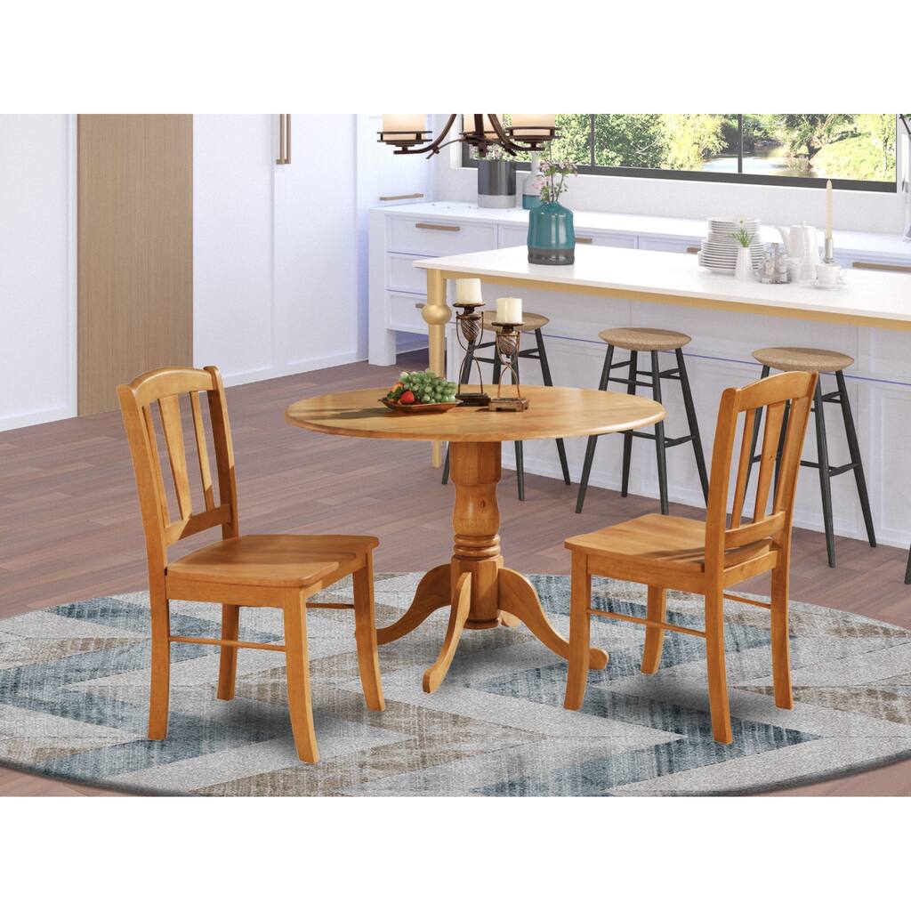 East West Furniture 3 Piece Dining Table Set Contains a Round Dining Room Table with Dropleaf and 2 Wood Seat Chairs, Oak