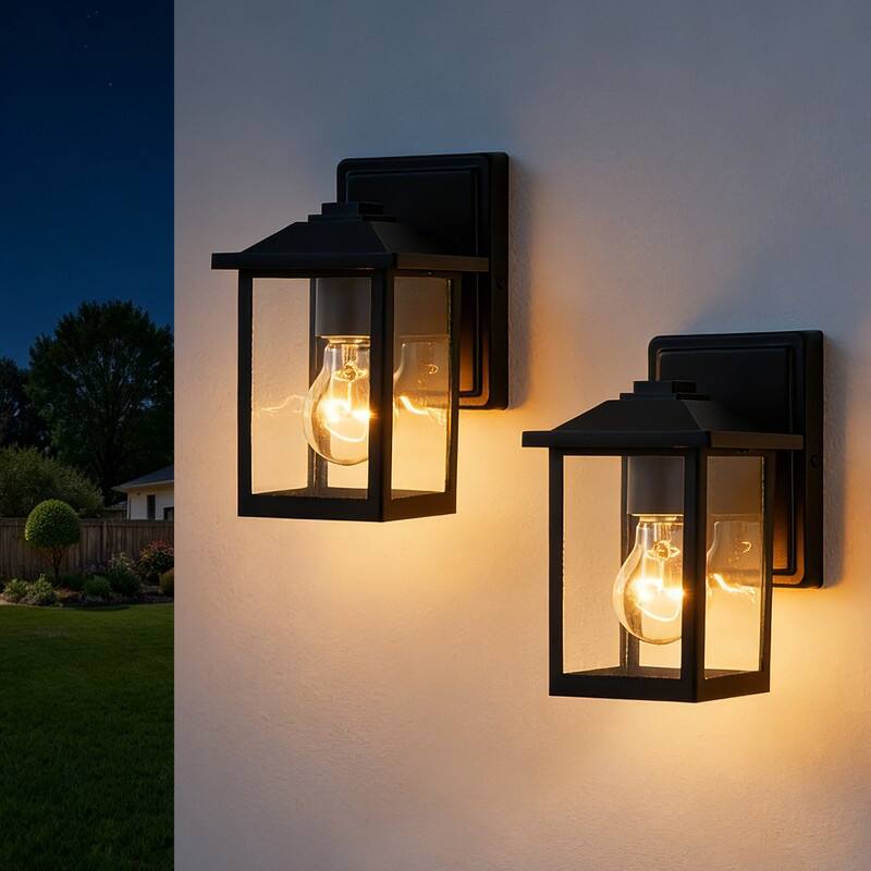 KAWOTI 1-Light Minimalist Temple-Inspired Outdoor Lantern (Set of 2) - W4.9" x H8"x D5.5"(Each) - Black