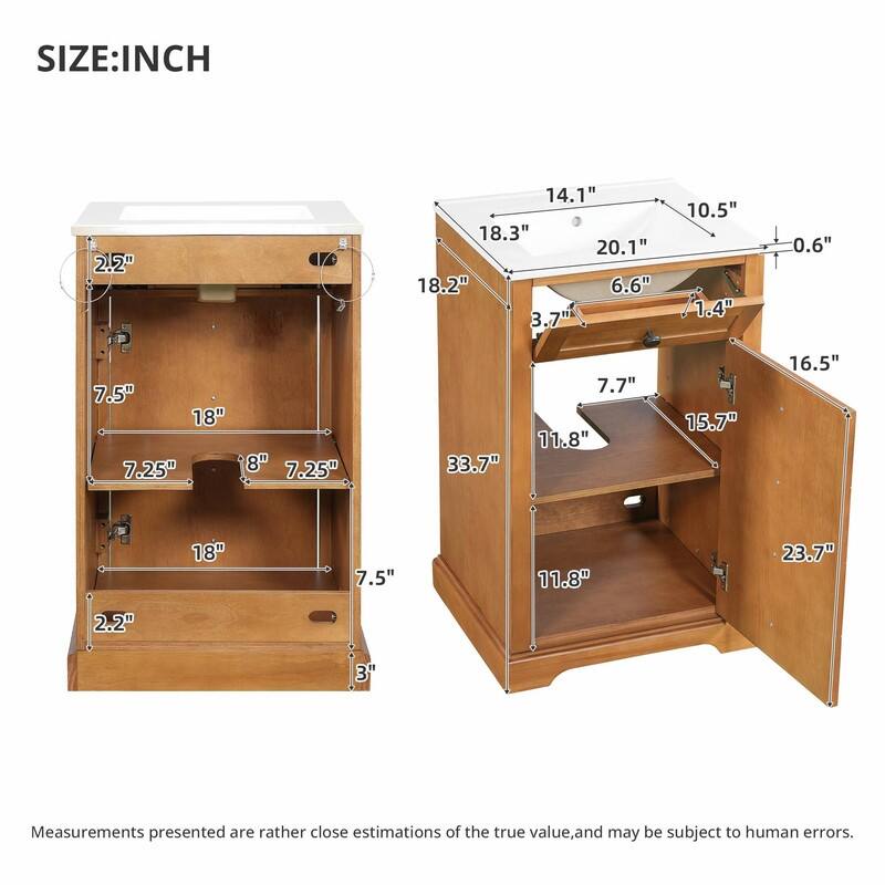 20" Bathroom Vanity with Integrated Ceramic Sink, Cabinet with Soft-Close Door and Solid Wood Bottom Frame