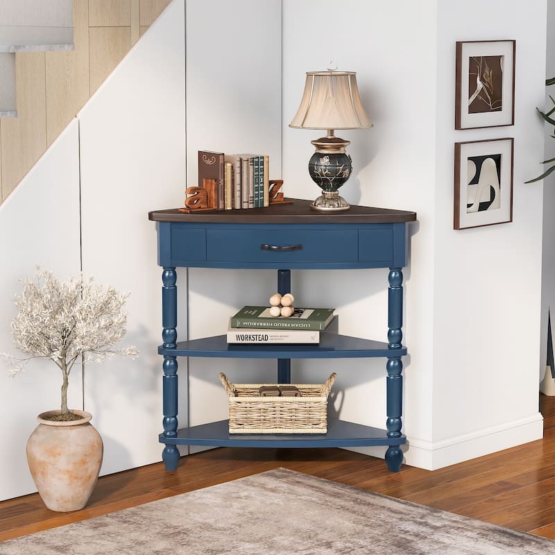 3 Tier Rack Corner Table Small Side Table Sorage End Corner Table with Drawer, Safe Rounded Corner Design and Solid Wood Legs