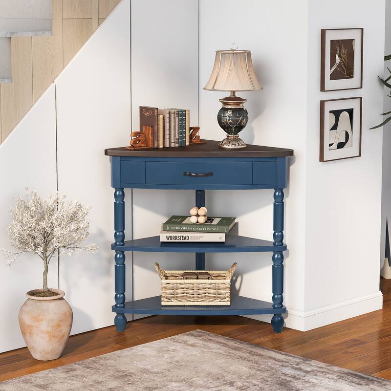 33.8'' Small Triangle Corner Table Side Table with Wood Legs, End Table Coffee Table Entryway Table with Shelves - Navy Blue