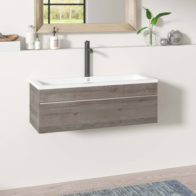 Trough Collection 42" Wall Mount Cultured Marble Top Bathroom Vanity with Sink and Drawer