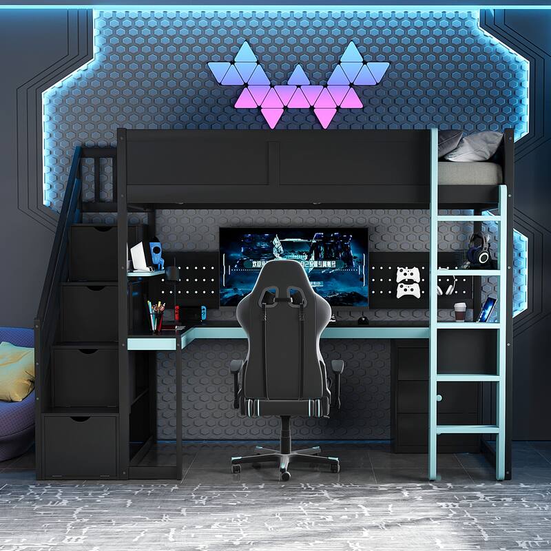 Gaming Loft Bed with Storage Stairs & Desk, Video Game Bed Wood Loft Bed Frame with Pegboard for Teens - Black+Blue - Twin