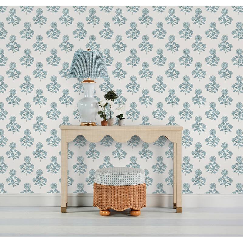 Society Social Flourish Block Print Blue on Blue Peel and Stick Wallpaper
