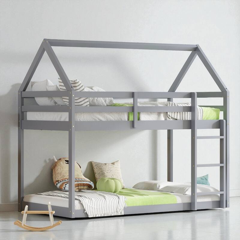 Twin Over Twin Floor Bunk Bed with House Roof Design, Rubber Wood Frame, Ladder and Guardrails for Kids Bedroom