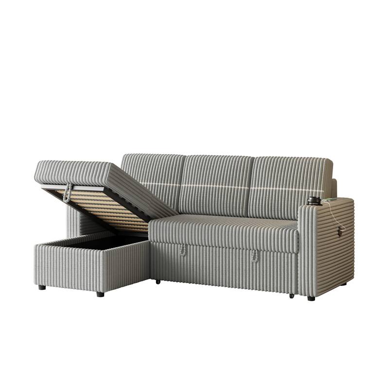 3-Seater Sleeper Sofa Bed with Corduroy Fabric, Storage Chaise, USB Charger, and Cup Holders
