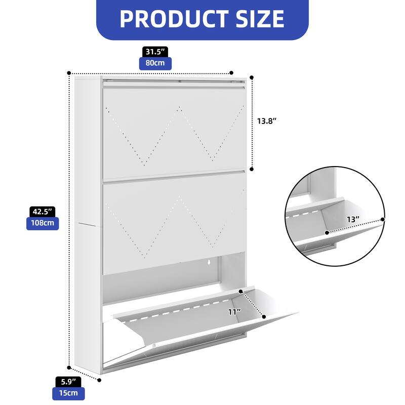 Moasis 3-Drawer Flip-Down Shoe Storage Cabinet, Wall-Mounted Metal Organizer