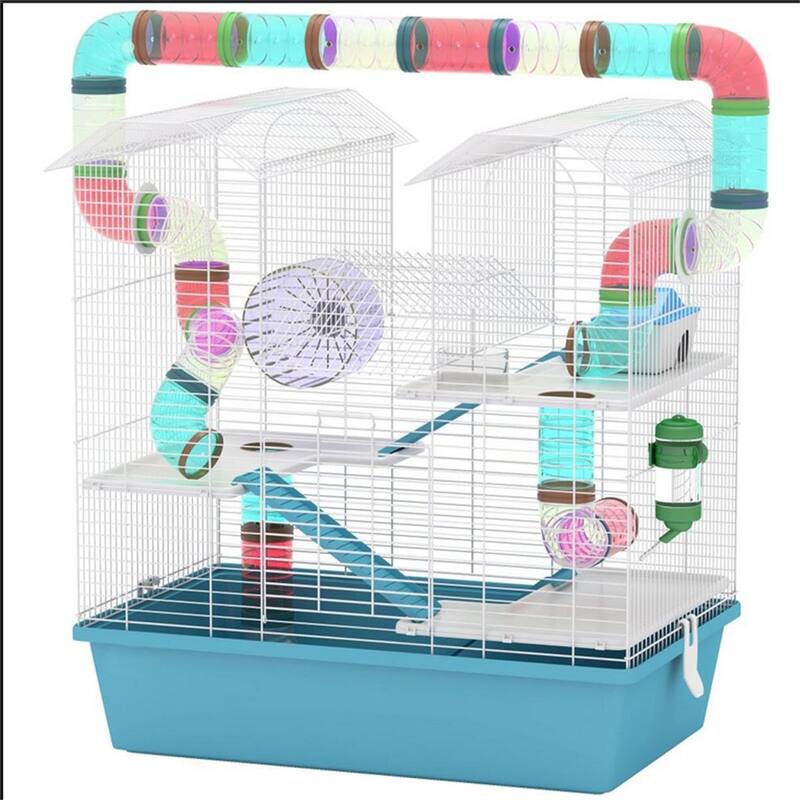Small Pet Habitat Cage with Stand, Doors, Ramp & Shelf Storage - 22.8" L x 14.2" W x 25.6" H