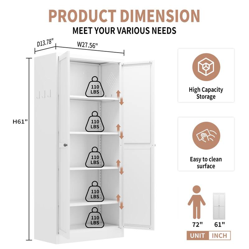 61" White Metal Kitchen Pantry Cabinet Adjustable Storage with 4 Shelves, Heavy Duty Freestanding Pantry Organizer