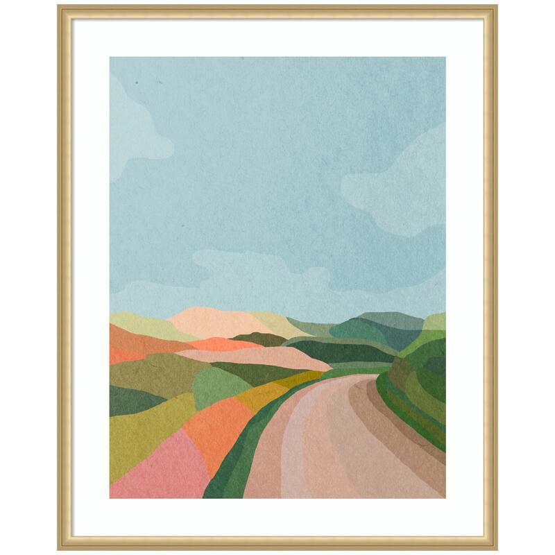 Kate and Laurel Framed Art Beautiful Landscape with Road by July Art Prints - 34x42 - Gold