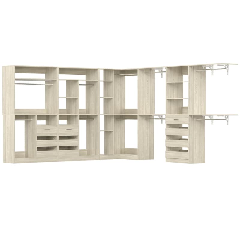Qvella 72''-204'' Corner Closet System with 10 Wooden Drawers and 10 Hanging Rods, Walk-in Closet Organizer Wardrobe Rack