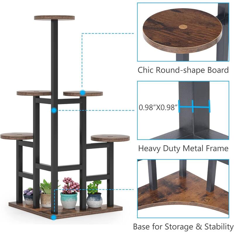 Black-Brown Metal Particleboard 6-Tier Plant Shelf with Round Trays - 17.72” x 17.72” x 43.7”