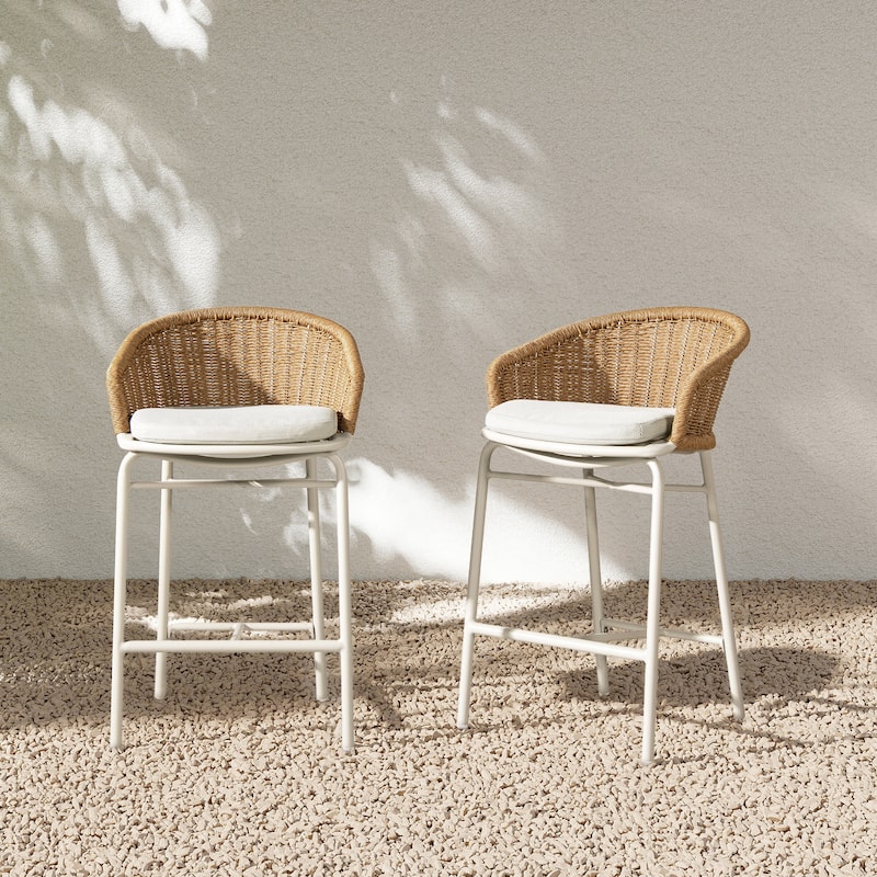 Santorini 28" Wicker Outdoor Patio Bar Stool (Set of 2) with Arms - 21.5"W X 21.5"D X 36"H - Wheat Beige Axroma Olefin - Counter Height