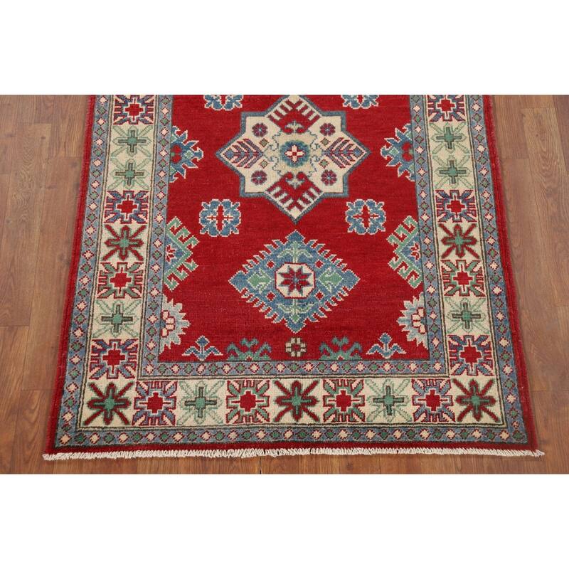Red Kazak Oriental Accent Rug Hand-Knotted Geometric Wool Carpet - 3'4" x 4'11"