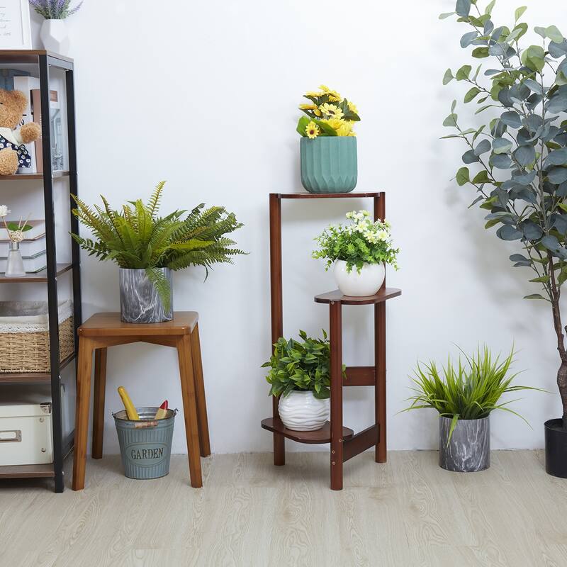 3 Tiers Ladder Triple Plant Stand Corner Bamboo Plant Shelf Rack