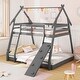preview thumbnail 4 of 25, Twin Over Queen Bunk Bed Wooden Kids Bed with Climbing Nets and Ramp