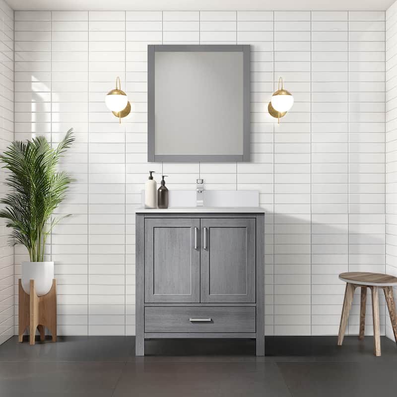 Jacques White Bath Vanity, Cultured Marble Top, Faucet Set and Mirror