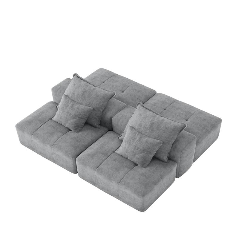 Floor Sofa Sectional Couch with 2 Ottoman, Modern Oversized Chenille Modular Sofa with 4 Pillows for Apartment