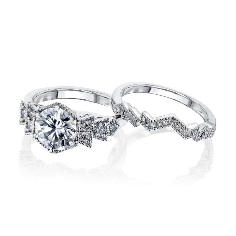 Kobelli 1.8 Carat Moissanite & Natural Diamond 14k Solid White Gold Geometric Art Deco Clara 2pc Bridal Set